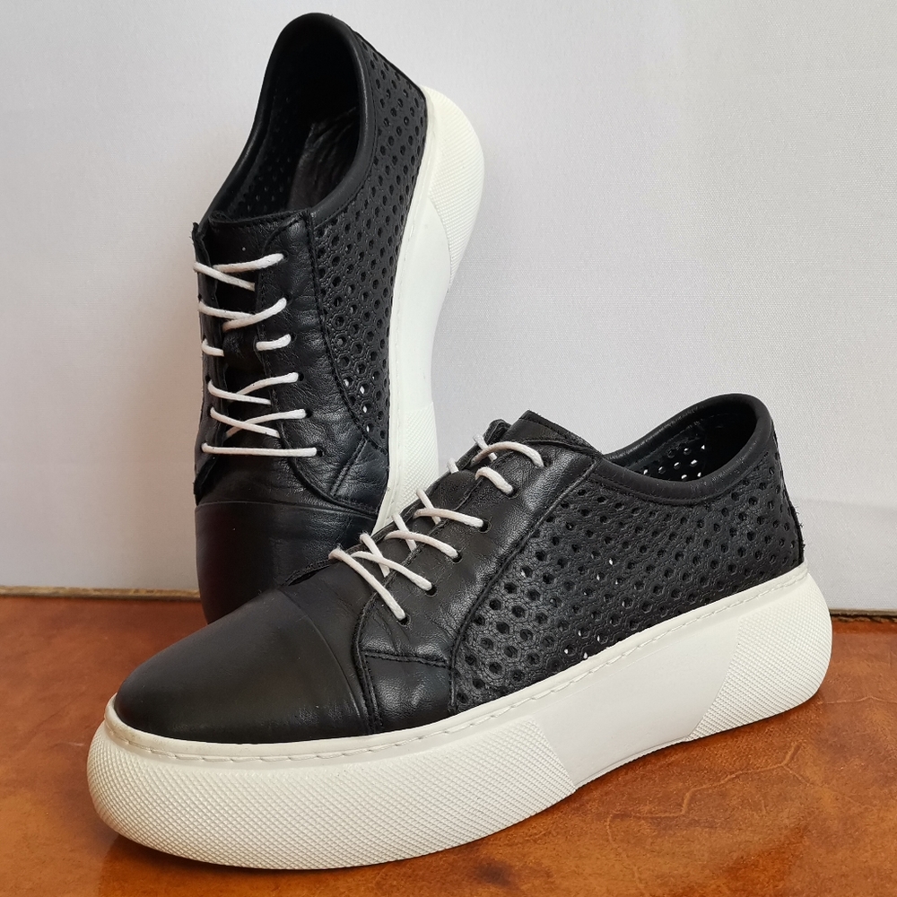 Mago 90114 Black Leather Platform Lace Up Sneakers